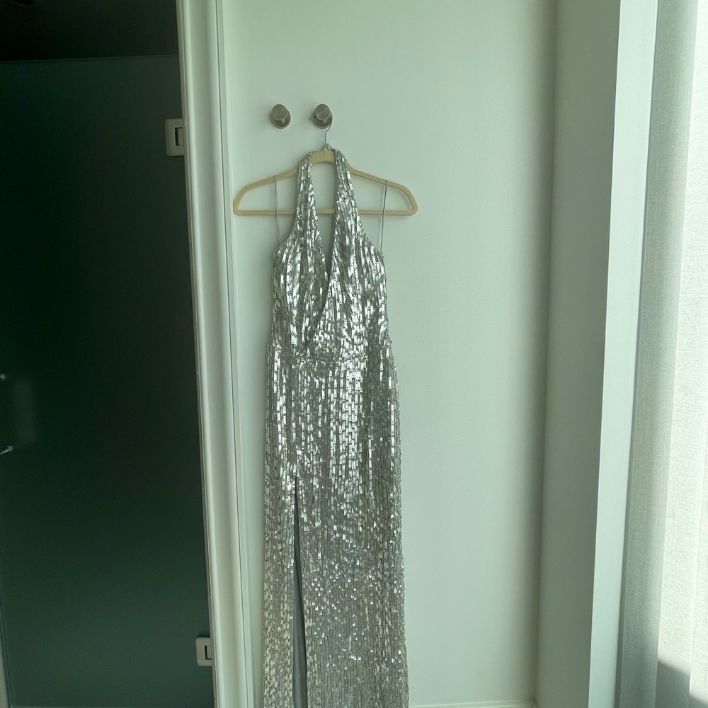 CD Greene Silver Faux Leather detailed halter gown with slit - Picture 3 of 8